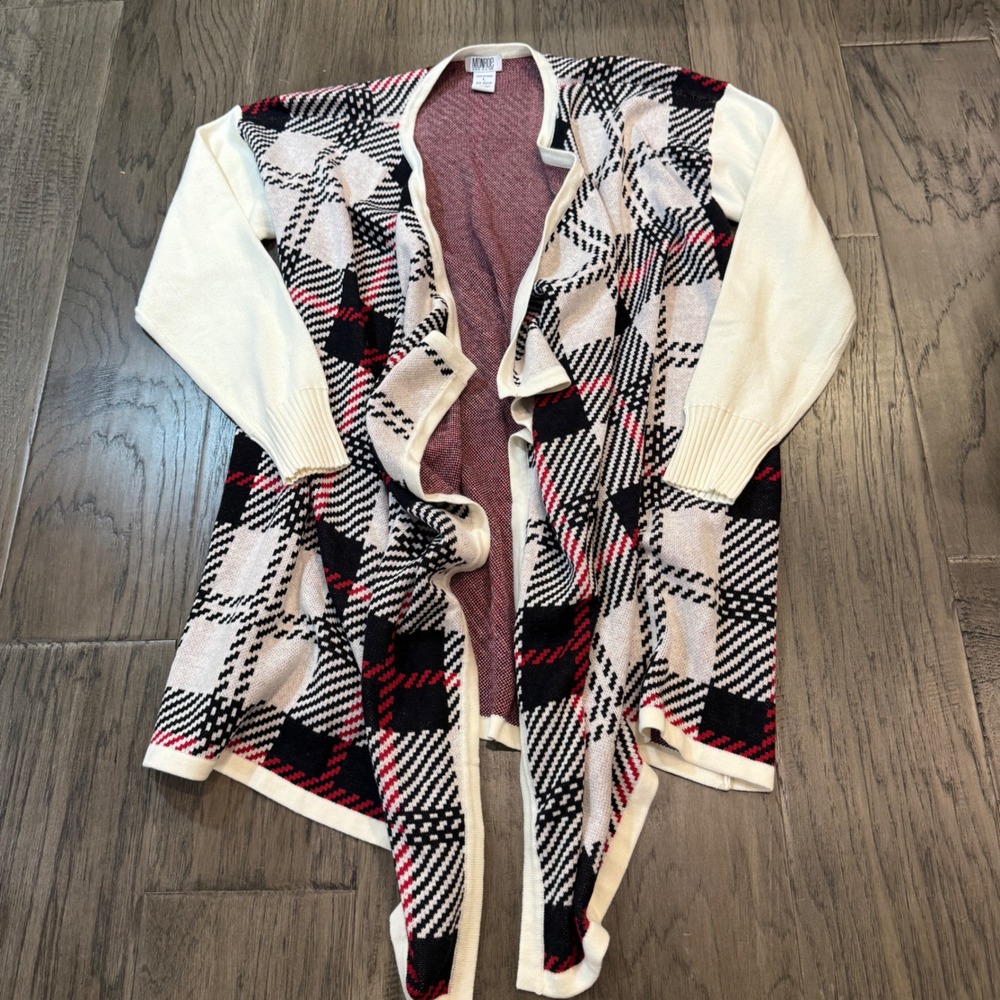 Monroe and‎ Main Women's Cardigan Open Front Holiday Plaid Knit Sweater Large